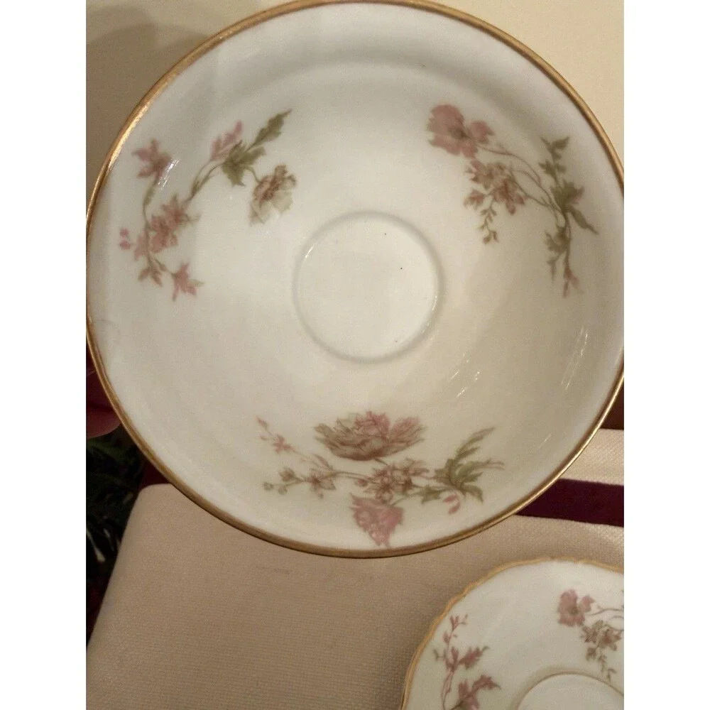 Vintage Haviland Limoges Poppy Porcelain Footed Teacup and Saucer Set Gold Trim